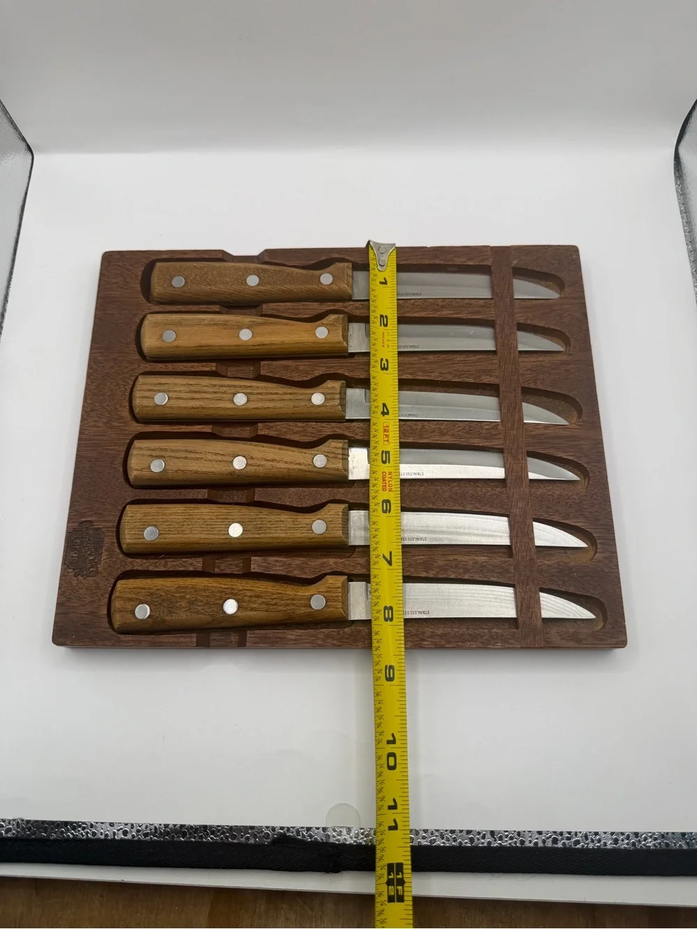 Vintage Hickory Forge Japan 6 Steak Knives Wood Handles & Wall Rack
